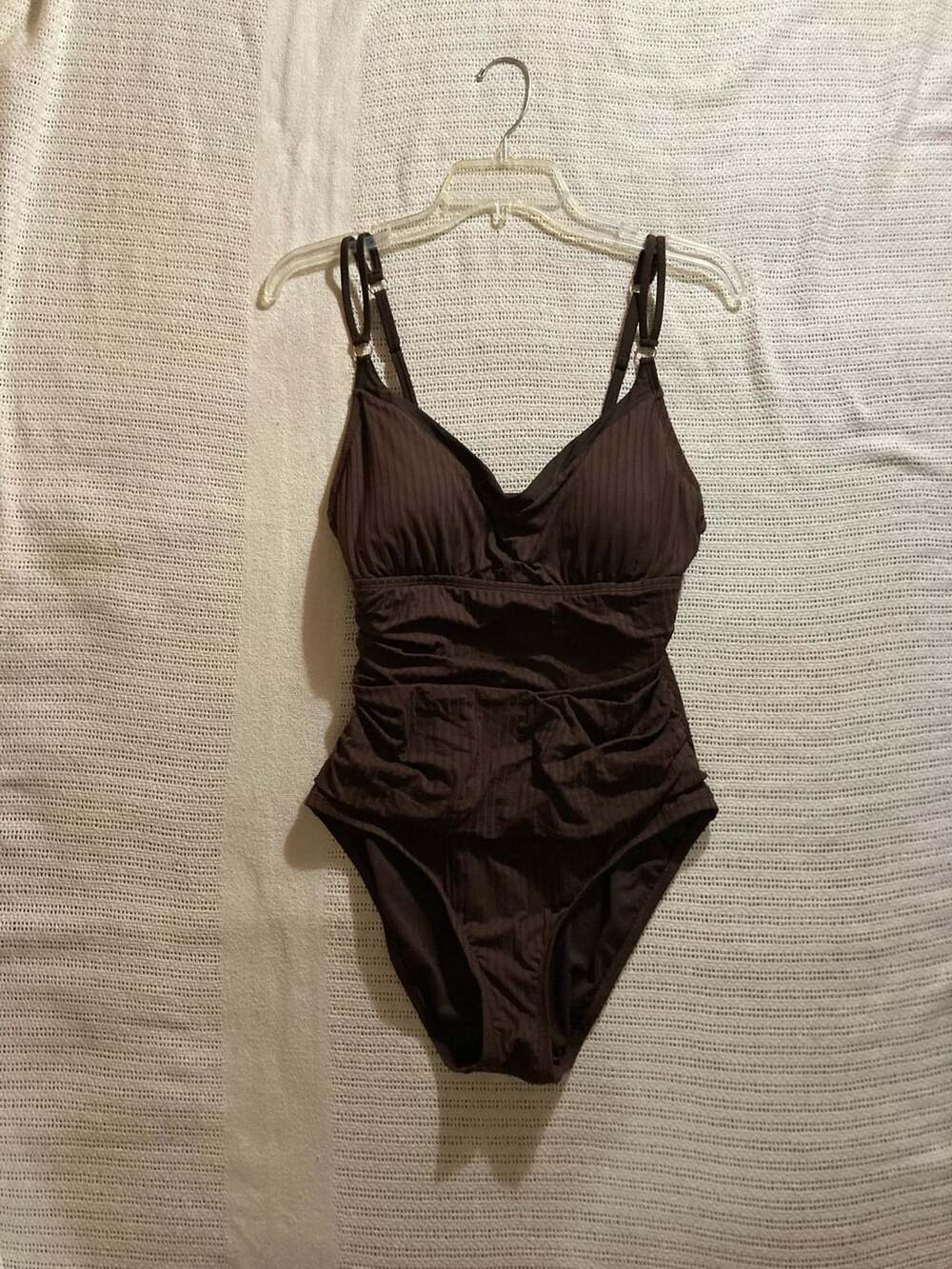Ellen Tracy Brown Ribbed Ruched One Piece Swimsuit Size XL